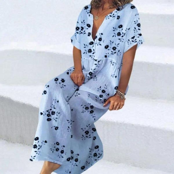 Abiti casual manica corta maxi abito stampato floreale in stile bohémien per le maniche da donna in spiaggia per vacanze estive