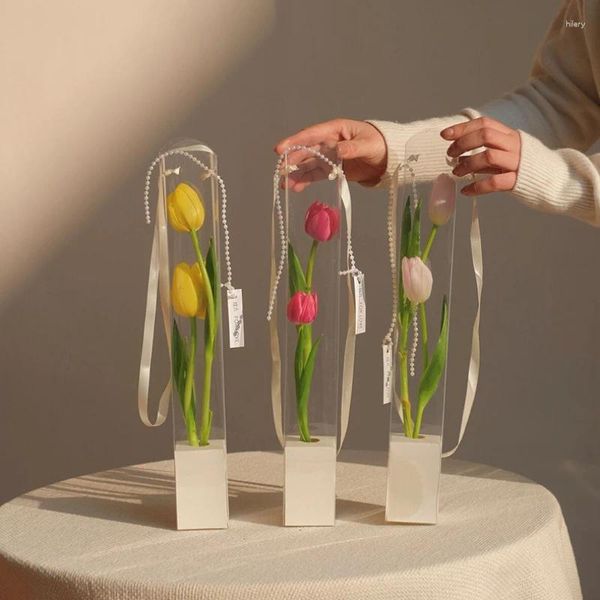 Wrap regalo da 10 pezzi da 10 pezzi in PVC trasparente scatola di avvolgimento fiore singolo portatili per imballaggi rosa offerte