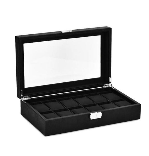 12SLOT WATCH Организатор Display Box Carbon Fibre Leather Jewelry Case с замок и стеклянной крышкой 9572554