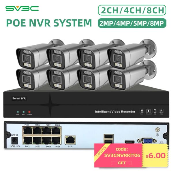 Sistema Poe Security Camera System SV3C 4K Sistema NVR com 4/8 PCs 5MP Câmera IP Câmera Outdoor Home CCTV Kit de gravador de vídeo