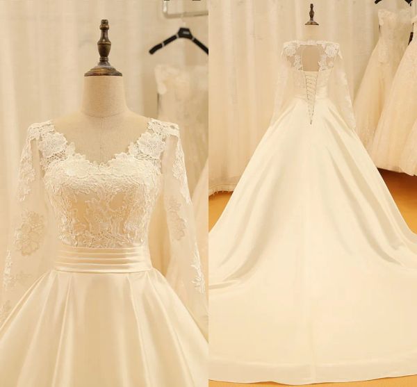 Платья высококачественные v Nece Свадебные платья с длинными рукавами дешевые плиссированные атласные замочную скважину с кружева
