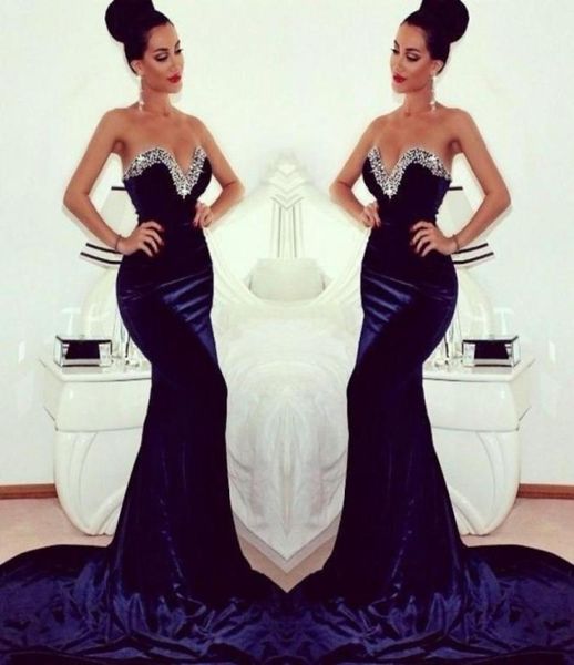 Top -Selling 2014 Winter Sweetart Pailletten Abendkleider Sweep Train Mermaid Prom Kleider Reißverschluss Rücken Samt Navy Blue Prom Kleid 6298649