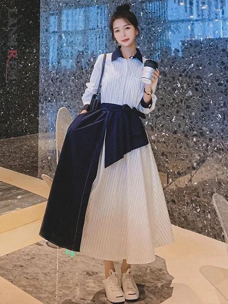 Lässige Kleider Lanmrem Koreanischer Stil Frauenkleid Kontrastfarbe Streifen Patchworkgürtel gesammelte Taille A-Line Mode 2024 25161
