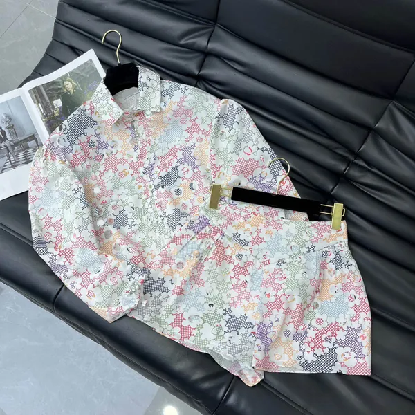 Designer 2024 Mulheres de verão Duas peças Definiram a manga de manga de flor estampada de flor e a camisa casual e as roupas elegantes de luxo da cintura alta