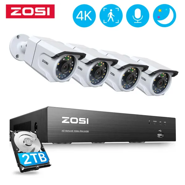 System Zosi 4k Poe Security Superiallance Camera System System Kit AI Обнаружение лица Color Night Vision 8MP IP -камера CCTV видео 8CH NVR набор