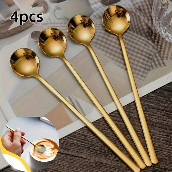 Set di stoviglie da 4 pezzi caffè in oro lungo mescolare un cucchiaino tondo tospoon manico in acciaio inossidabile de