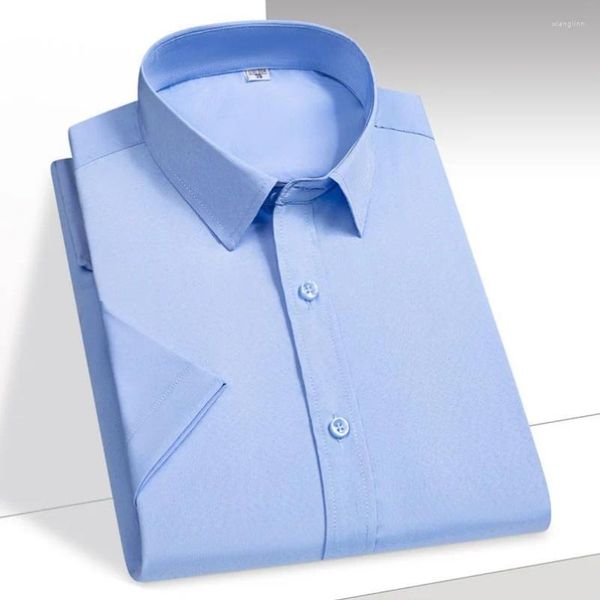 Camisa casual de camisa masculina de manga curta elástico gelo sólido seda fáceis cuidados formal vestido confortável masculino de marca de marca de marca