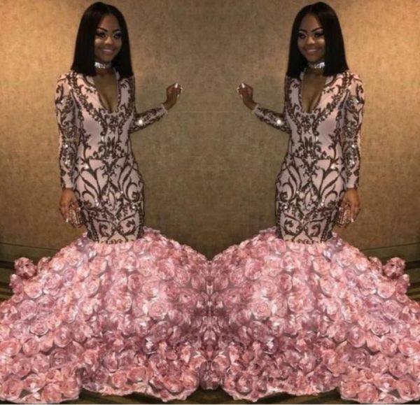 Розовые 3D цветочные цветочные цветы русалка вечерние платья 2021 Золотые аппликации vneck африканские выпускные платья сексуальные длинные рукава.