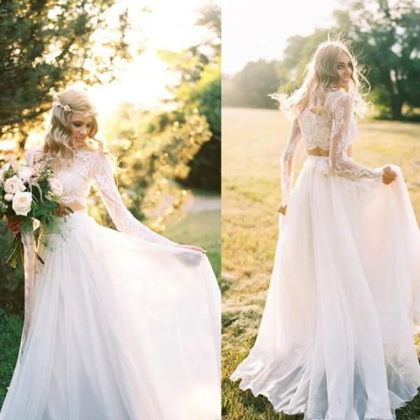 Abiti romantici due pezzi abiti da sposa bohémien eleganti maniche lunghe in chiffon in pizzo abito da sposa estivo