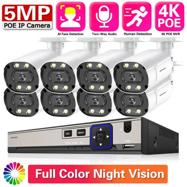System 8Ch 8MP Videosicherheit Überwachung 5MP Kamerasystem POE NVR FACE ERDECTE KULLET TWAY AUDIO Recorder Color Night Vision Kit