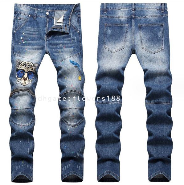Herren Jeans 2024 Trendy Reißverschluss -Dekorjeans Herrengestickte zerrissene Jeans schlanke Skinny Blue Jeans zum Tragen mit Stiefel Jeans Top Jeans Tote Jeans Tracksuit Jeans wahr
