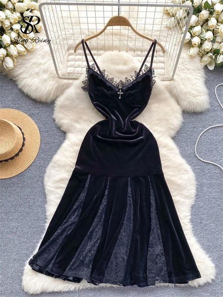 Повседневные платья Singreiny Lace Velvet Patchwork Sling Dress Ladies 2024 Старшие без спинка Slim Fit Ruched Elegant Evening Warter Long A Line