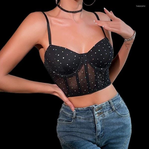 Bras define as lantejoulas de boate sexy da moda feminina lantejoulas de arco de aço de espinha de peixe coletadas de colheita transparente de colheita de top slim fit