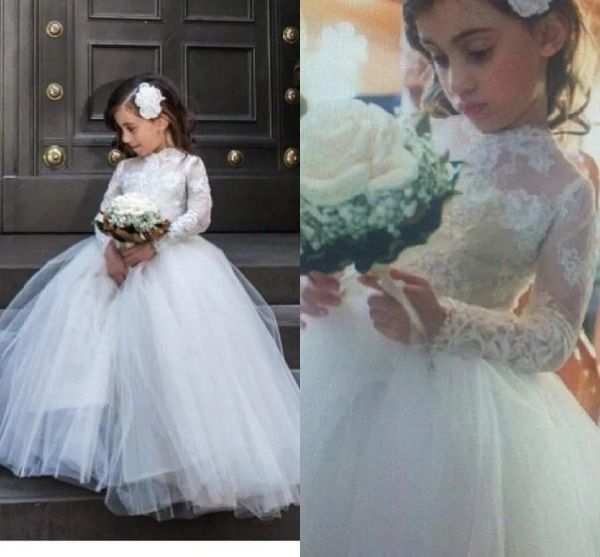 Elbiseler Prenses Küçük Çiçek Kız Elbiseler 2019 Yüksek şeffaf boyun uzun kollu Pageant önlük beyaz ilk cemaat elbise vintage doğum günü G