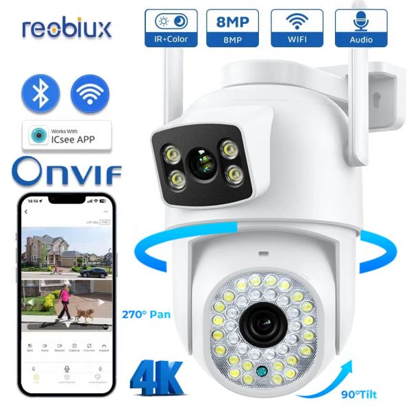 Telecamere Reobiux 4K da 8MP fotocamera doppia lente AI Human Rilect Auto Tracciamento automatico CCTV WiFi Surveillance Camera da 4MP Security Protection APP ICSEE