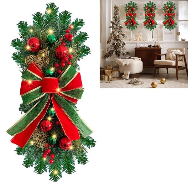 Flores decorativas Porta Swag Garland Shiny Christmas Simulation com acabamento na fita de seda Stairway para festa