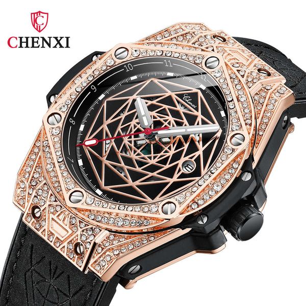 21 Chenxi Diamond Inclado Moda Masculina Cool Quartzo Calendário Relógio de brilho à prova d'água 86