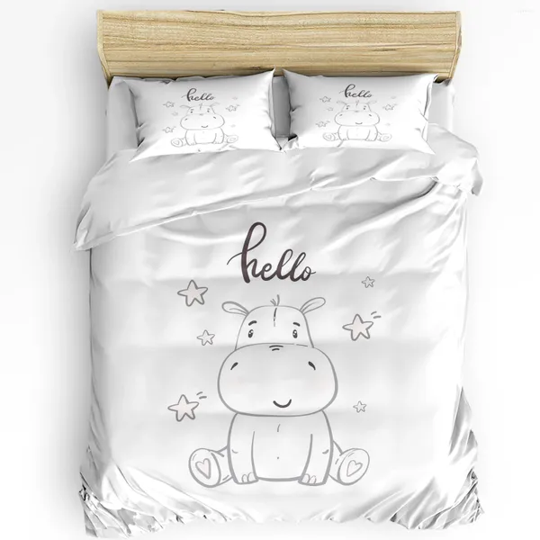 Set di biancheria da letto kawaii stelle ippopotanei bambini simpatici animali bianchi 3 pezzi per per letto a doppio letto per tessile copripiumino.