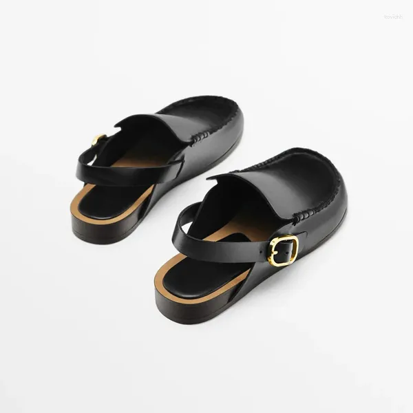 Sapatos casuais apartamentos femininos de couro genuíno fêmea redonda sandálias romanas 2024 SLIP-ON Lady Shoe Shoe Confortável Mujer