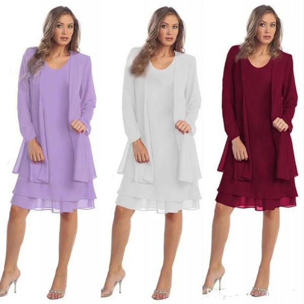 Anzüge Lavendel Plus Size Mutter der Braut Bräutigam Kleider Burgund Chiffon Langarm Hochzeitsfeier Gast Abendkleider FS3580