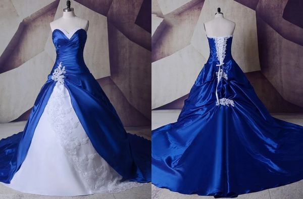 Kleider 2022 Royal Blue White Brautkleider echte Fotos billige Appalte Paillettenauszug Lange Brautkleider plus Größe neu