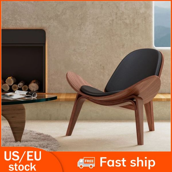 Accessoires Mid Century Lounge Stuhl Replik Shell Stuhl Moderne Stativ Lounge Stuhl Holz Wohnzimmer Stühle mit schwarzen PU -Lederstühlen