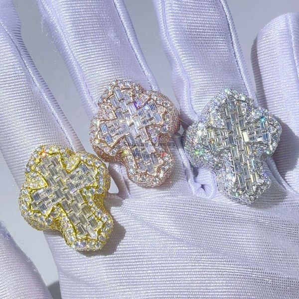 Pronto per la spedizione Spedizione Spedizione hip hop Gra certificata VVS Baguette Moissanite Cross Iced Out Ring Men