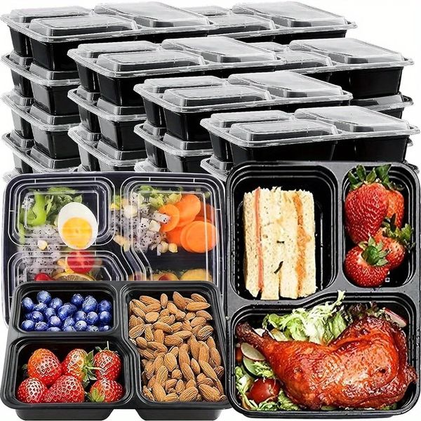 20/50pcs Lunchbox 3 Fächer -Lebensmittel mit Deckel Einweg -Lecksicher Bento Box Aufbewahrung Küchenzubehör 240328