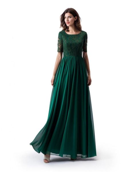 Vestido de baile modesto verde -verde escuro com meia mangas de renda de chiffon, comprimento do piso da mulher, vestido de noite formal Wed Party3192821