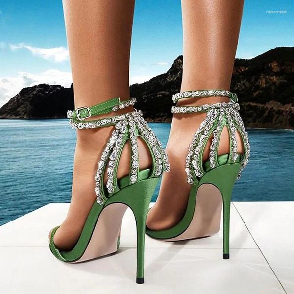 Scarpe eleganti in raso verde raso sandali con tallone alto bling rino con tacchi sottili a filo estate