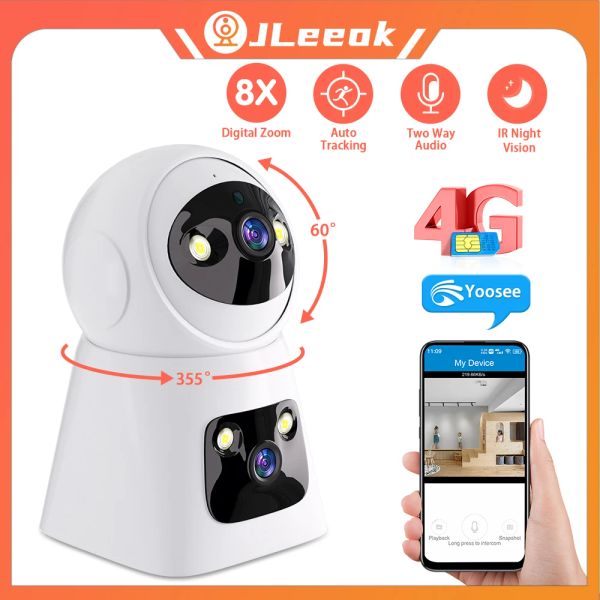 Câmeras Jleeok 6MP Lente dupla 4G PTZ Câmera Tela dupla 8x Zoom Ai Rastreamento humano WiFi Secuity Secuity CCTV Vigilância IP Camera Yoosee