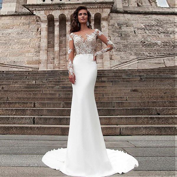 Abiti meravigliosi raso vedi attraverso la scollatura bateau sirena abiti da sposa abiti applique in pizzo maniche lunghe abiti da sposa vestidos de per