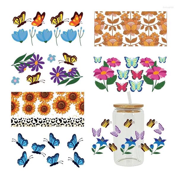 Adesivos de janela UV DTF Setor de transferência Butterfly Para os vidros de 16 onças Libbey Prains Cup pode ser impermeável DIY Fácil de usar decalques personalizados D5070