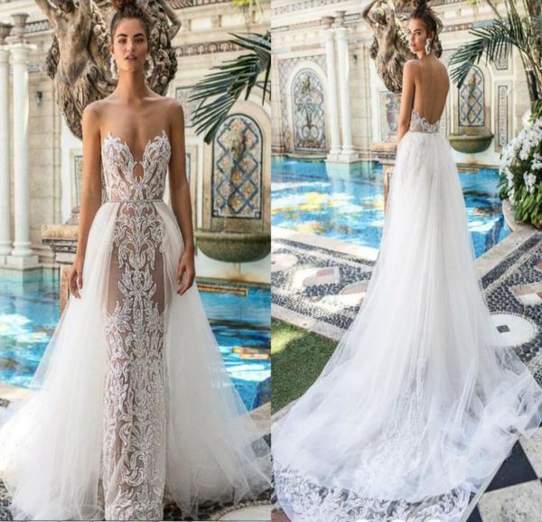 2019 vestidos de noiva de renda Berta com trem destacável jóias de jóias sem nas costas Mermaid Vestido de mão -de -obra de miçangas com tamanho plus size weddin9632769