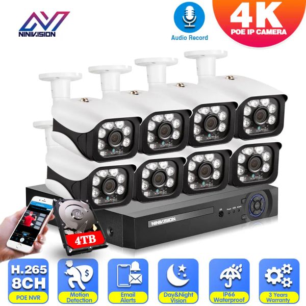 System 4K Security Camera Sistema POE 8MP Video Surveillance Set 8CH NVR Kit CCTV Registrazione audio AUI