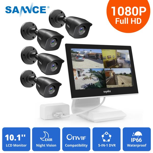 Система System Sannce FHD 1080p CCTV Camera System 5 в 1 4CH Video Surveillance DVR с 10,1 дюймом ЖК -дисплеев и наружной камеры безопасности камеры безопасности