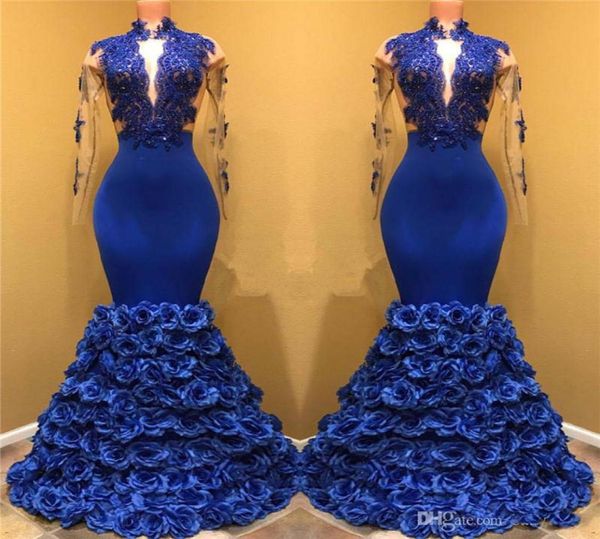 Royal Blue Rose Flowers Bottom Prom Kleider Mermaid Sheer Long Sleeve Spitzen Applikationen Abend Promkleider benutzerdefinierte Reißverschluss Rücken DR9123169