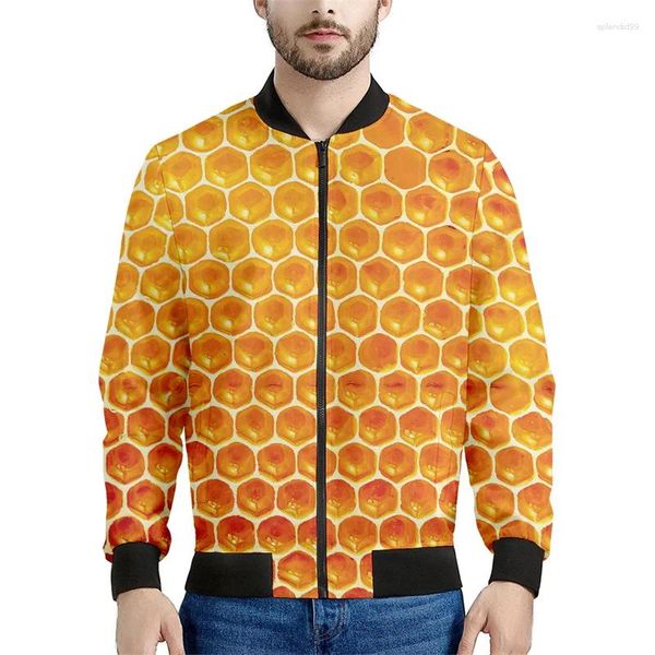 Jackets masculinos Moda Moda 3D Jaqueta de favo de mel em abelhas impressas para homens grandes camisetas tops da primavera outono de mangas compridas Kids Bomber Zipper