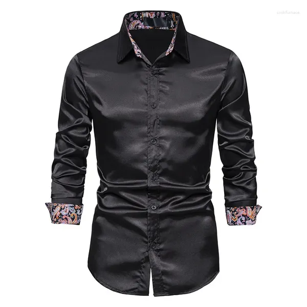 Мужские платья рубашки Paisley Patchwork Black для мужчин Satin Silk Slip Speat Work Chemise Hombre повседневная модная свадьба вечеринка