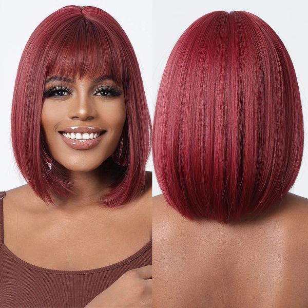 Wigs Wine Red Короткий прямой боб парики бордовые синтетические парики с челкой для женщин афро -устойчивый
