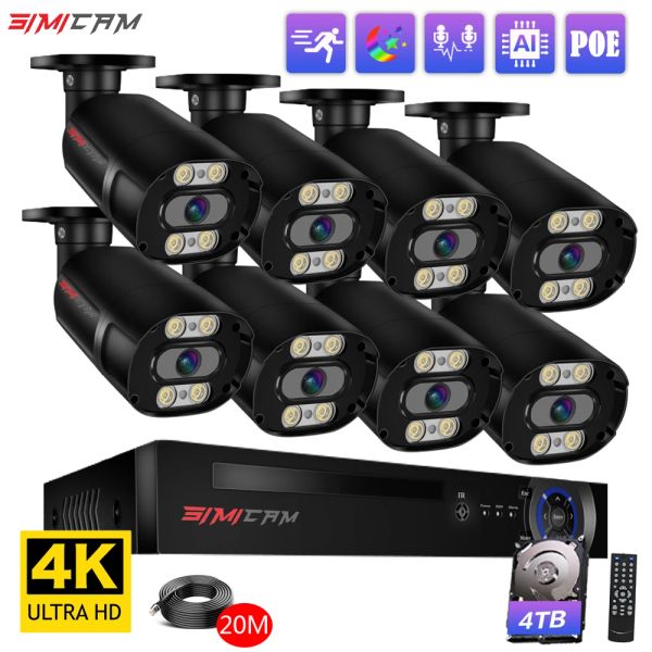 System Simicam 4K POE Камеры наблюдения с двойным цветом Ночное видение с аудиозарежием для водонепроницаемости IP CCTV Security 8CH NVR Комплект