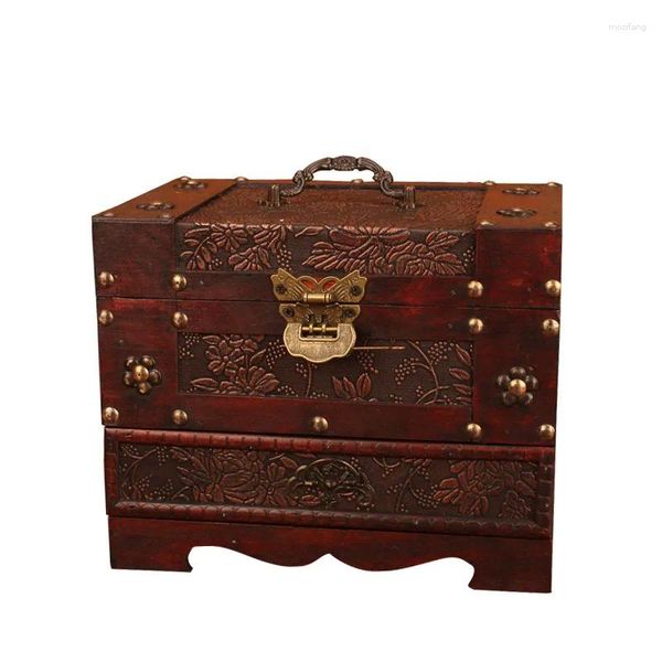 Bolsas de armazenamento Antigo estilo chinês de madeira Vantage Box Casamento doméstico Jóias pequenas jóias Ornamento de ponta com bloqueio