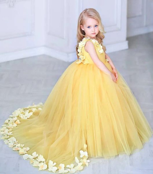 Vestidos vestido de baile amarelo tule tulle flor menina de concurso com flores artesanais 2019 nova bebê festas desgaste princesa Primeira comunhão DR DR