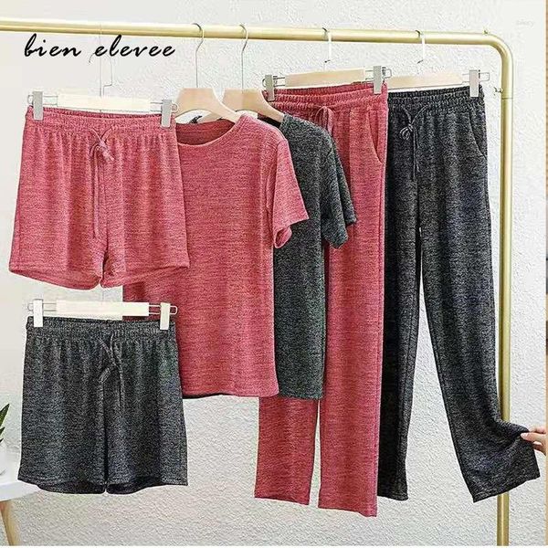 Ev Giyim Kadınları 3pcs Takım Takım Setleri Bayanlar Kısa kollu şort pantolonları yaz geceleme pijama femme uyku kıyafetleri