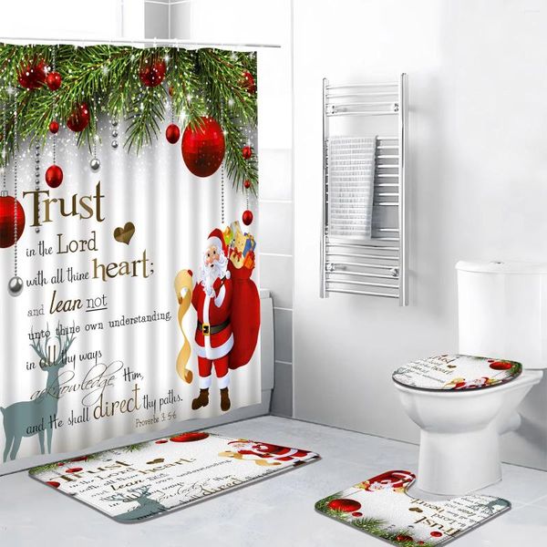 Cortinas de chuveiro 4pcs Cortina de Natal Conjunto com tapete Inspirational Quote desenho animado Papai Noel