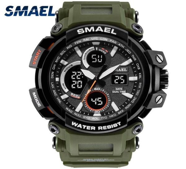 Smael Sport Watch для мужчин Новое двойное время показывает мужские часы водонепроницаемые амортизационные амортизационные наручные часы Digital 1708 военные часы Men9941121