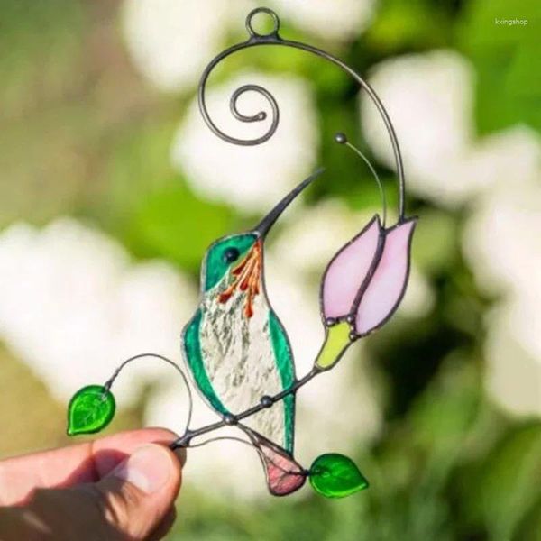 Estatuetas decorativas manchadas de vidro de vidro de metal Janela do jardim da varanda de beija -flor de parede da parede de pássaro pendurada Ornamento de pássaro decoração de porta