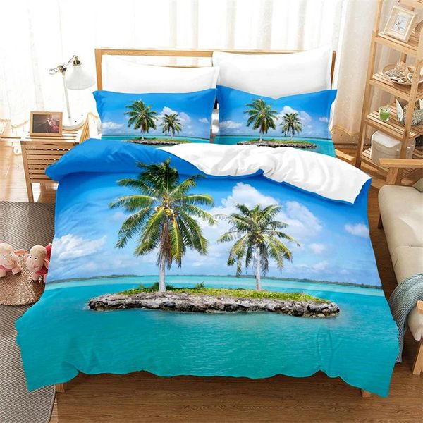 Bedding Sets Coconut Tree Conjunto de edredom tampa tema praia praia macia e macia de cama e travesseiro