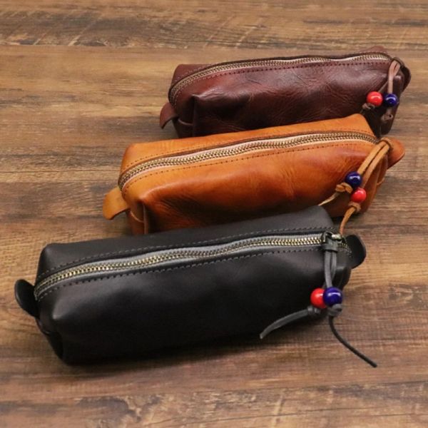 Bolsas feitas à mão, bolsa de lápis de couro genuíno vintage de estilo retro zíper de zíper de capa de capa de capa de estojo de estojo de gabinete escolar