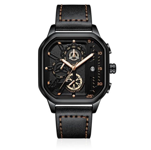 Brand Black Nektom Brand Hollow Out Mens Relógios Precisos Relógio de couro Strap Strap Luminous Square Dial Awatches9976982